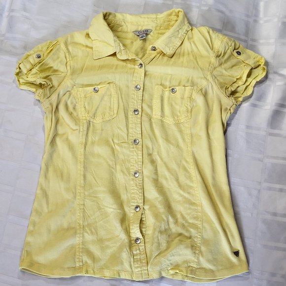 GUESS WOMEN'S SHORT SLEEVE SHIRT YELLOW SIZE MEDIUM FASHION WEAR DESIGNER - Picture 1 of 14